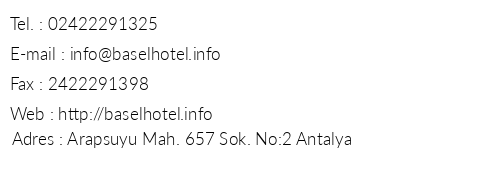 Antalya Basel Hotel telefon numaralar, faks, e-mail, posta adresi ve iletiim bilgileri
